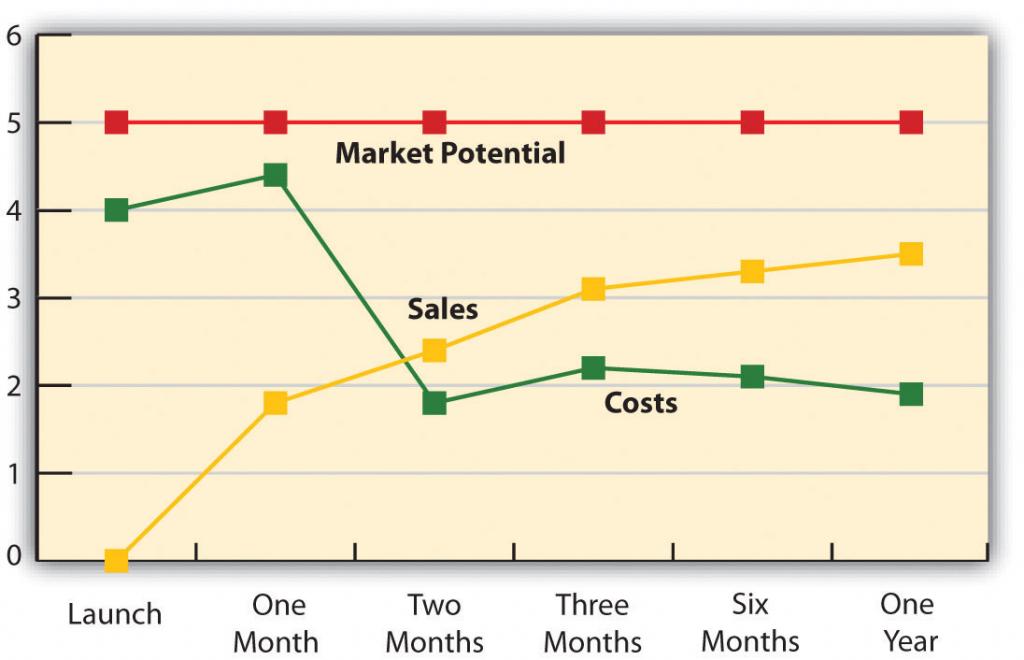 An example of a marketing plan timeline illustrating changes in market potential, sales and costs over the span of one year from launch.