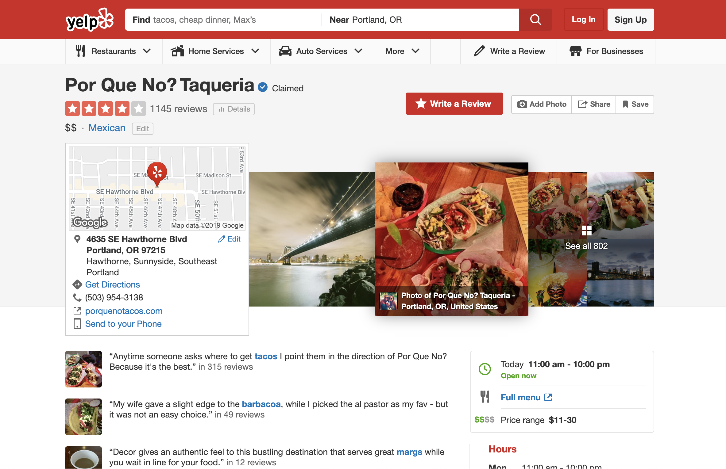 Yelp сторінка мексиканського ресторану з фотографіями їжі, розташування і контактні дані, з позитивними відгуками клієнтів.