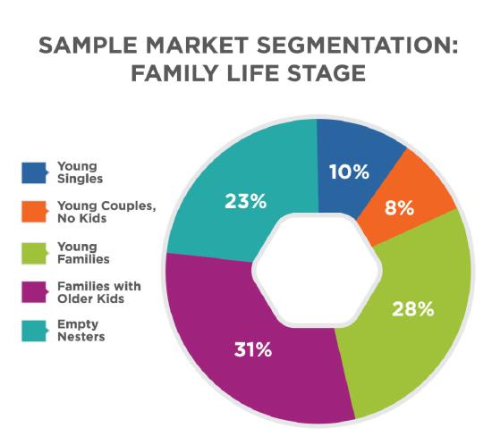 Sample Market Segmentation: Family Life Stage. Graphic shows a circle segmented into the following groups: 31% Families with Older Kids; 28% Young Families; 23% Empty Nesters; 10% Young Singles; 8% Young Couples, No Kids