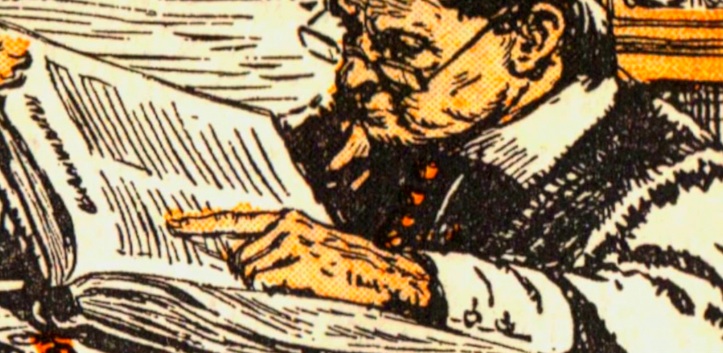 Un dibujo de un hombre con gafas revisando atentamente un libro con el dedo.