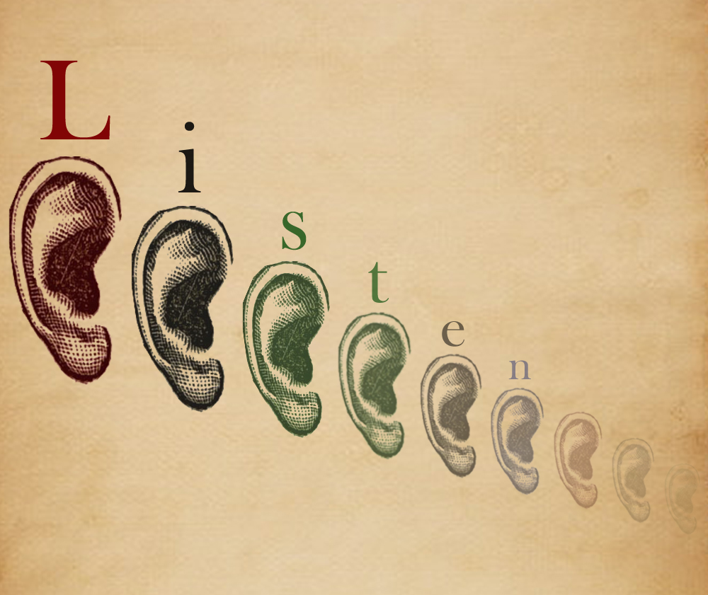 8 orejas dibujadas de grandes a pequeñas, “Escucha” se deletrea con un personaje sobre cada oreja con tanto los personajes como las orejas desvaneciéndose a medida que se hacen más pequeños.