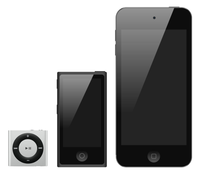 Una comparación de iPods. El iPod Shuffle es un pequeño cuadrado. El iPod Nano tiene más del doble del tamaño de la mezcla aleatoria. El iPod Touch es el doble del tamaño del iPod Nano.