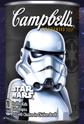 Una lata de sopa Campbells. El sello tiene una imagen de un soldado de asalto de la franquicia Star Wars.