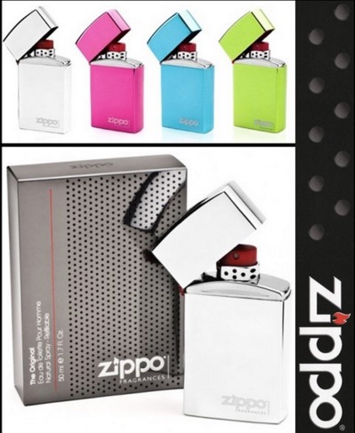 Un anuncio de Perfume Zippo que muestra una línea de botellas de perfume Zippo en diferentes colores.