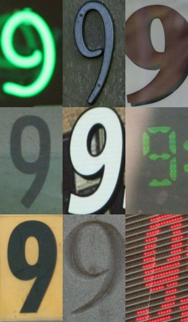 Nueve fotos del número nueve presentadas en tres filas de tres. Cada nueve es gráficamente único.
