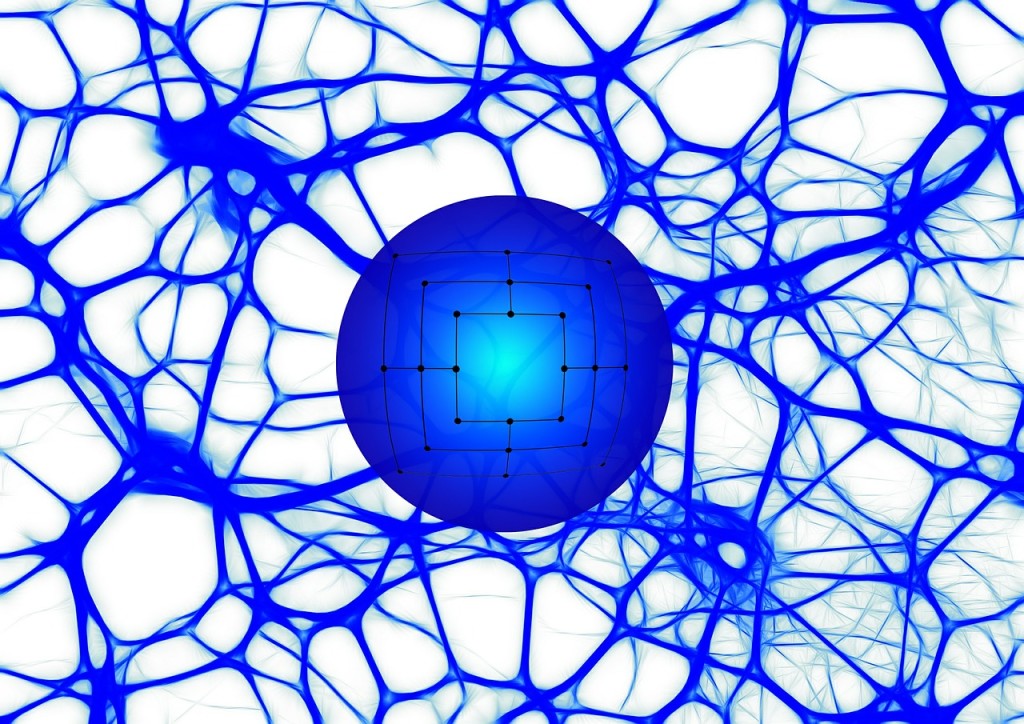A network of blue lines emerging from a blue sphere.