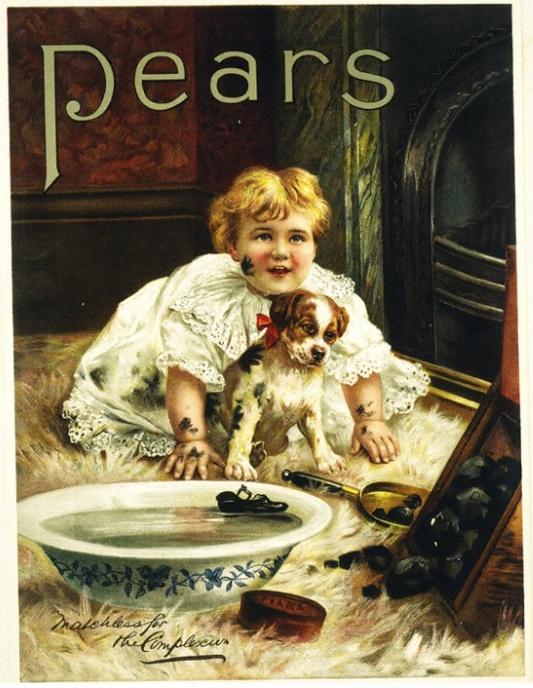 Advertisement poster with the word "Pears" in upper left corner. Features a small child and puppy near a fireplace. A basket of coals has spilled, and the child and puppy are covered in soot marks.