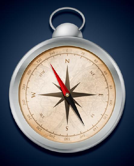 A compass with the red needle pointing towards northwest