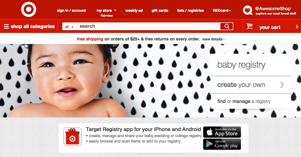 Captura de pantalla de la página de registro de bebés de Target En la parte inferior de la pantalla hay una oferta para descargar la aplicación Target Registry para iPhone y Android.
